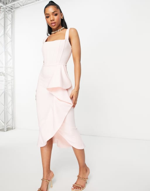 True Violet corset ruffle midi dress in blush pink