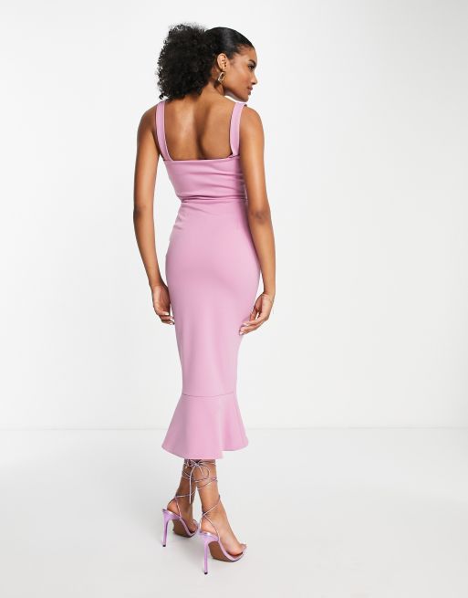 Mauve Corset Cowl Strappy Frill Hem Bodycon Dress