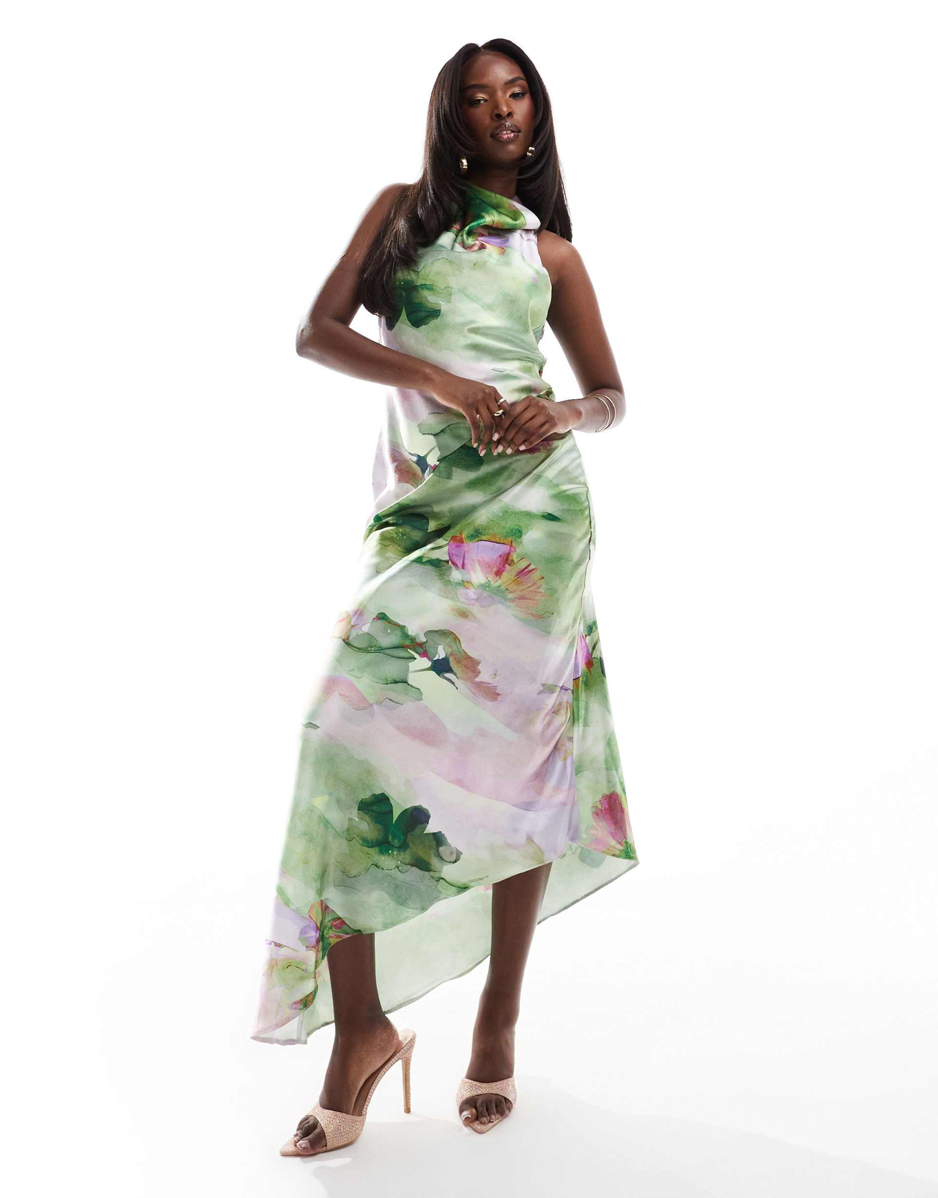 true violet cowl back midi dress in green print