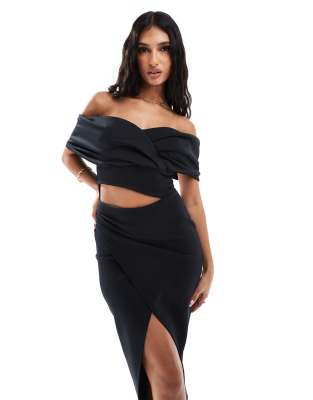 True Violet Cut Out Bardot Wrap Midi Dress In Black