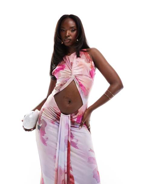 True Violet cut out midi dress in pink print - view 1