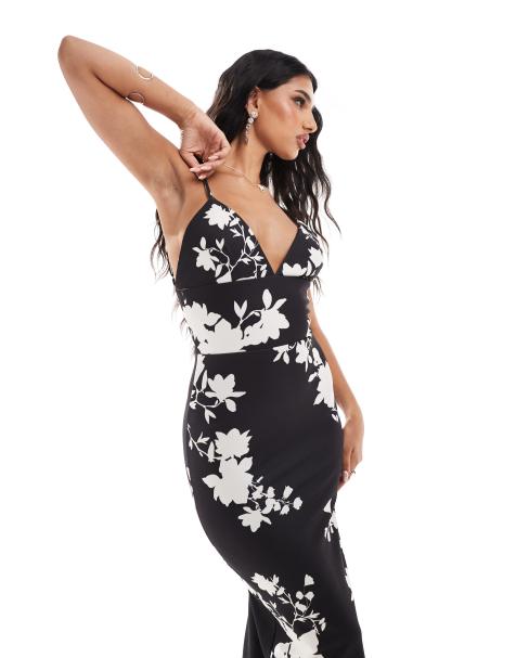 True Violet - Diepuitgesneden maxi cami-jurk in zwart-witte print - view 1