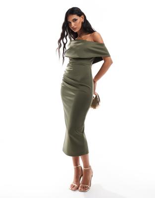 drape shoulder midaxi dress in olive-Green