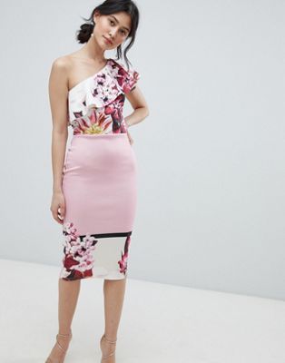 True Violet – Enaxlad bodycon-klänning i midi-modell med placerat tryck-Rosa