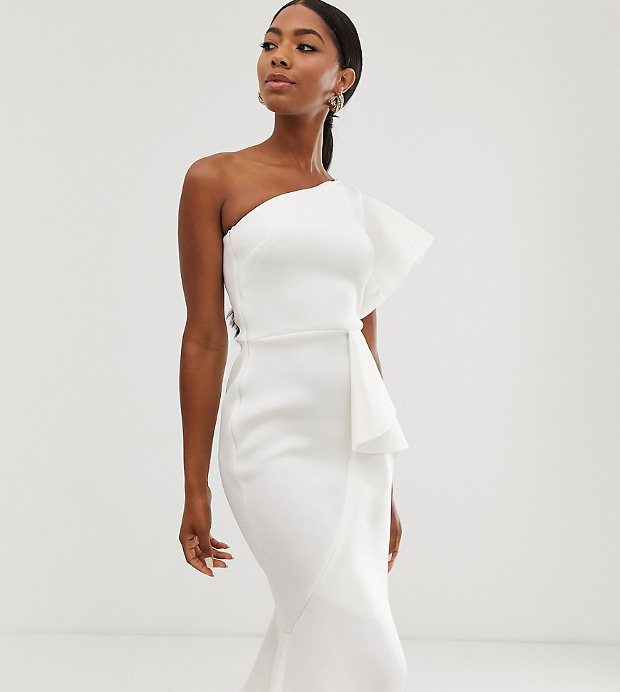 True Violet - Exclusieve asymmetrische midi-jurk met blote schouder in wit