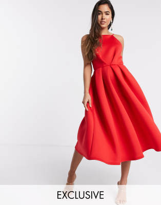 red formal midi dress