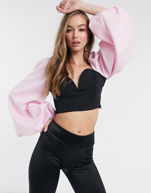True Violet exclusive balloon sleeve sweetheart top in black with contrast pink sleeves