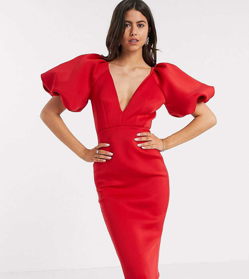 True Violet - Exclusive - Diepuitgesneden midi-jurk met pofmouwen in rood-Multi