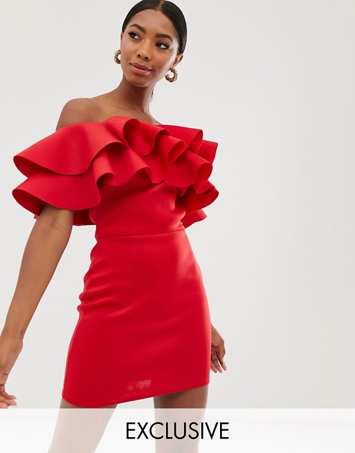 True Violet exclusive exaggerated frill bandeau midi dress in red | ASOS