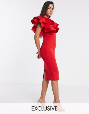 true violet exclusive one shoulder frill wrap dress in red