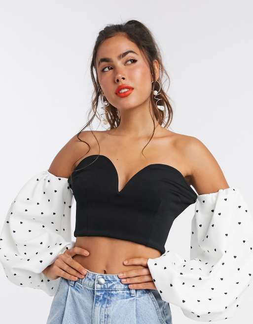 True Violet exclusive off shoulder sweetheart top in black with contrast polka heart balloon sleeve