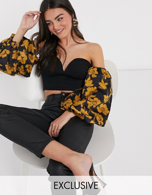 True Violet exclusive off shoulder sweetheart top in black with ochre floral contrast sleeves