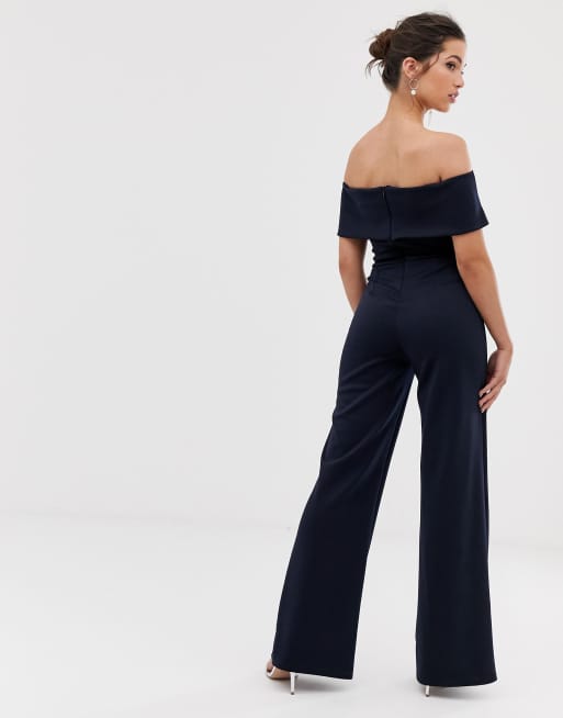 Navy off store the shoulder jumpsuit