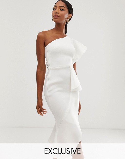 True Violet exclusive one shoulder asymetrical midi dress in white
