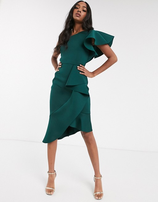True Violet exclusive one shoulder asymmetrical midi dress in forest green