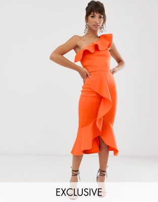 orange one shoulder midi dress