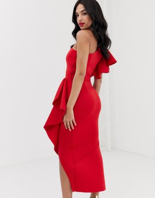 red one shoulder frill dress