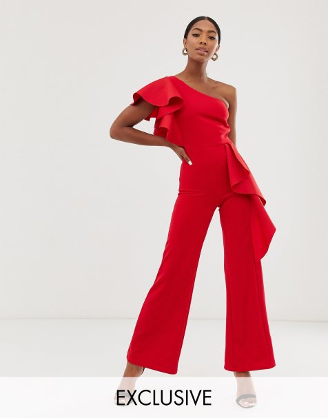 True Violet exclusive one shoulder peplum frill jumpsuit in red