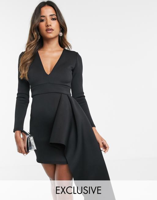 True Violet exclusive plunge neck side peplum mini dress in black