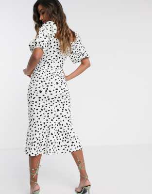 square collar printed puff sleeve midi dress