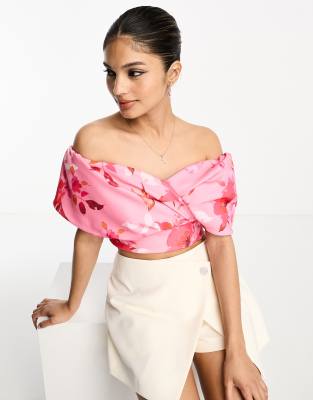 True Violet Folded Bardot Top In Pink Floral Print