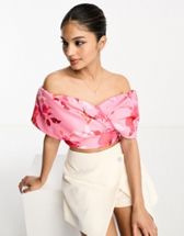 ASOS LUXE mixed ditsy corset bow bardot top in pink and blue