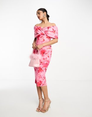 True Violet Folded Midi Dress In Pink Floral