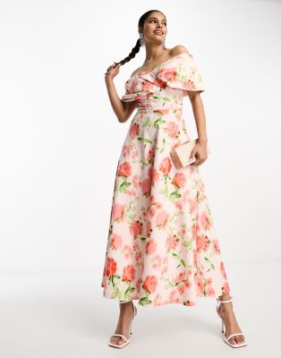 folded midi prom dress in peach floral print-Pink