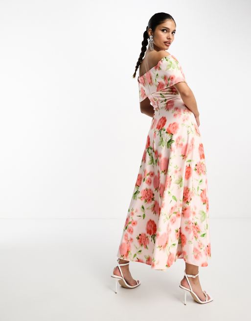 True Violet folded midi prom dress in peach floral print ASOS