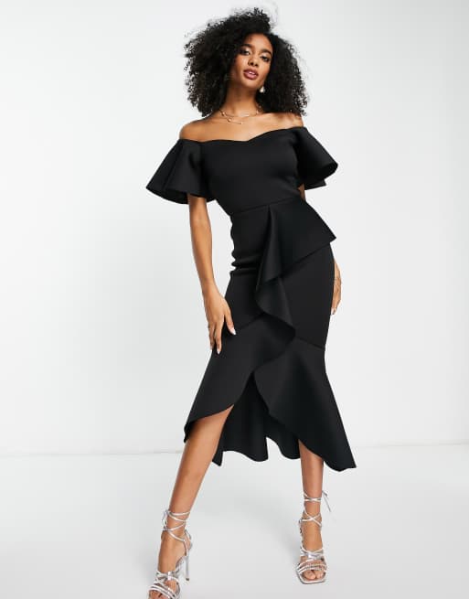 True Violet frill front pencil midi dress in black ASOS