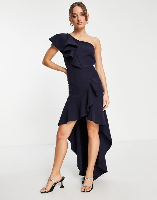 True Violet frill one shoulder high low maxi dress in navy ASOS