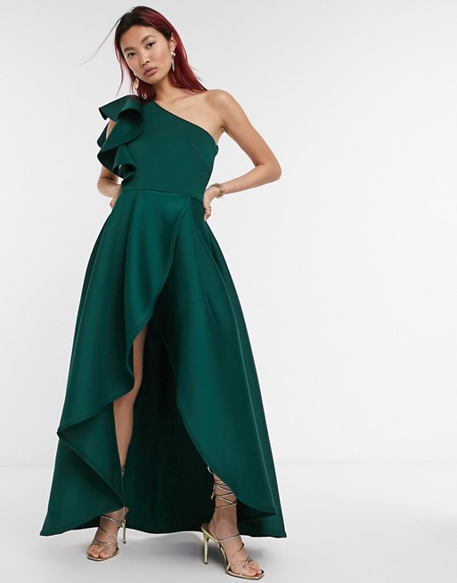 True Violet frill one shoulder high low prom maxi dress in forest green