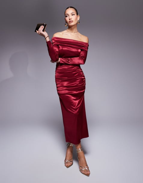 True Violet - Gerimpelde bardot midi-jurk van satijn met lange mouwen in rood - view 1