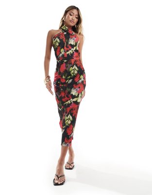 True Violet Halter Midi Dress In Dark Base Floral-multi