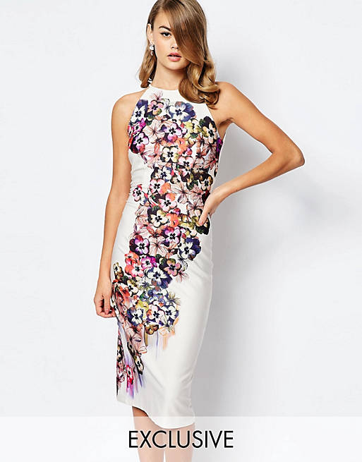 True Violet Halter Midi Pencil with Floral and Cut Outs at Back