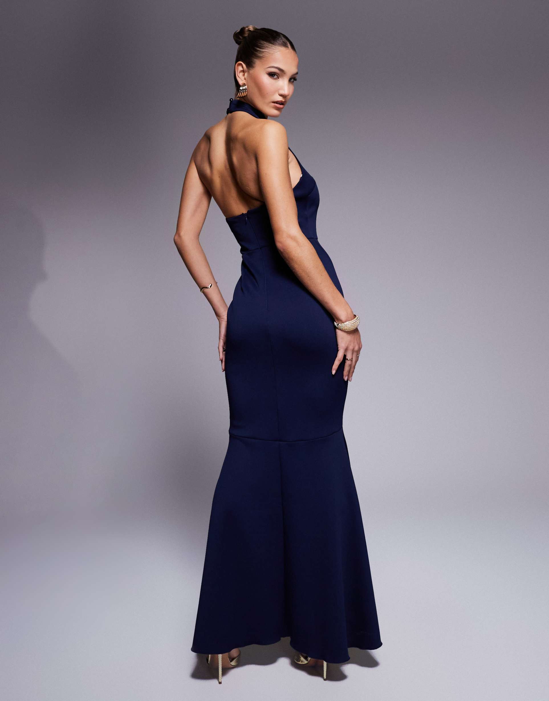 true violet halterneck fishtail maxi gown in navy