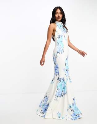 True Violet High Neck Maxi Dress In White And Blue Floral