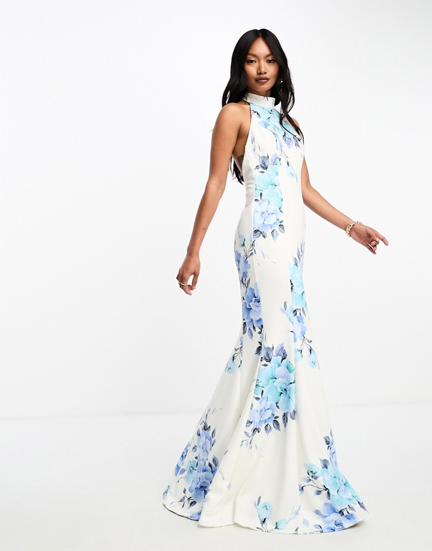 high neck maxi dress in white and blue floral