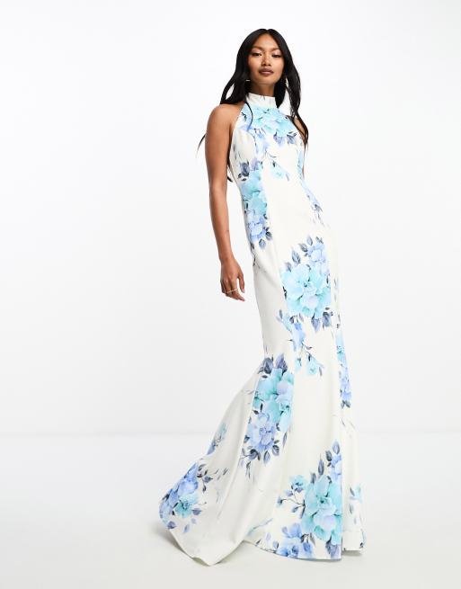 True Violet high neck maxi dress in white and blue floral