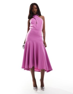 high neck midi skater dress in purple