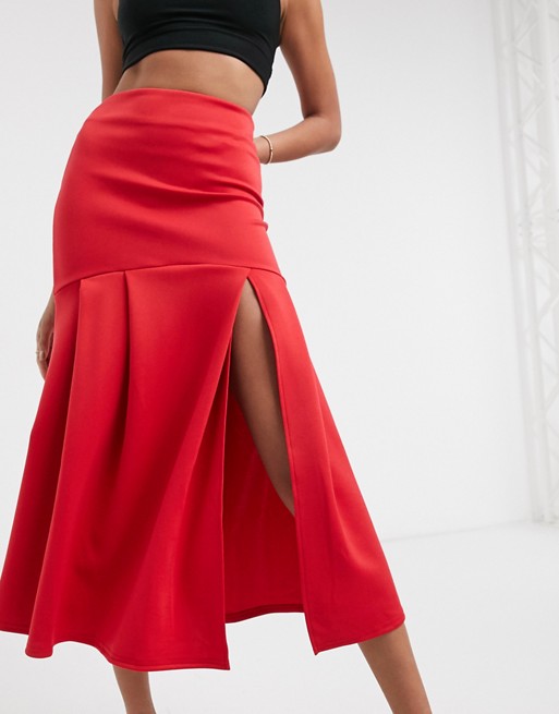 True Violet high waisted fishtail midaxi skirt with split in red