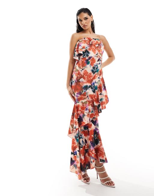 True Violet – Hochwertiges gestuftes, trägerloses Maxikleid in Orange mit Rüschen und Blumenmuster