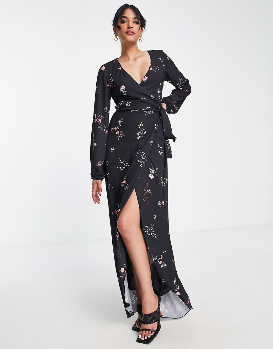 True Violet long sleeve maxi wrap dress in navy and white floral