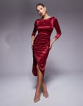 [True Violet] True Violet long sleeve ruched slinky midi dress in burgundy-Red 14 Wine