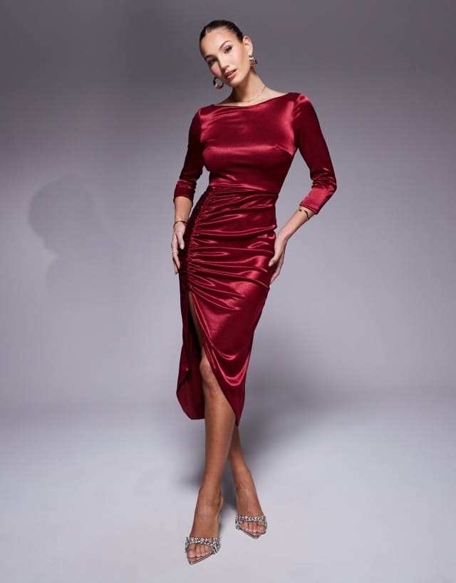 true violet long sleeve ruched slinky midi dress in burgundy