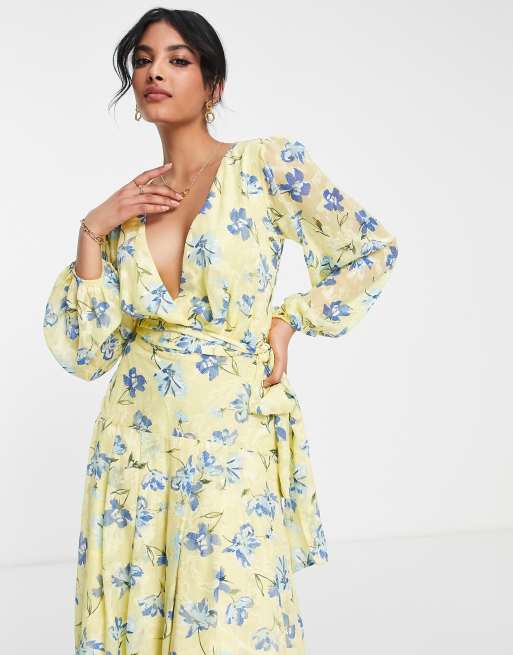 Yellow flower wrap store dress