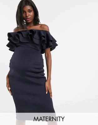 navy bardot frill midi dress