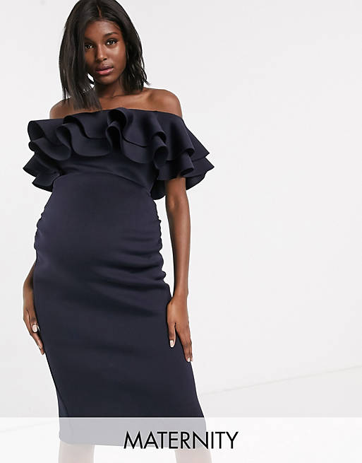 True Violet Maternity bardot midi dress with double frill in navy | ASOS