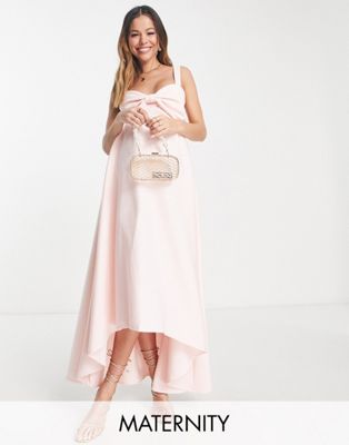 True Violet Maternity bow front high low midi dress in blush pink
