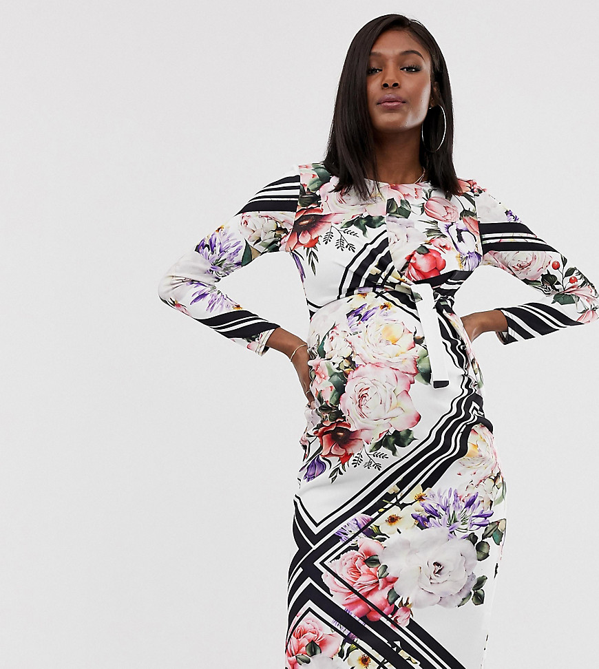 True Violet Maternity exclusive scuba midi dress with knot front in floral geo print-Multi